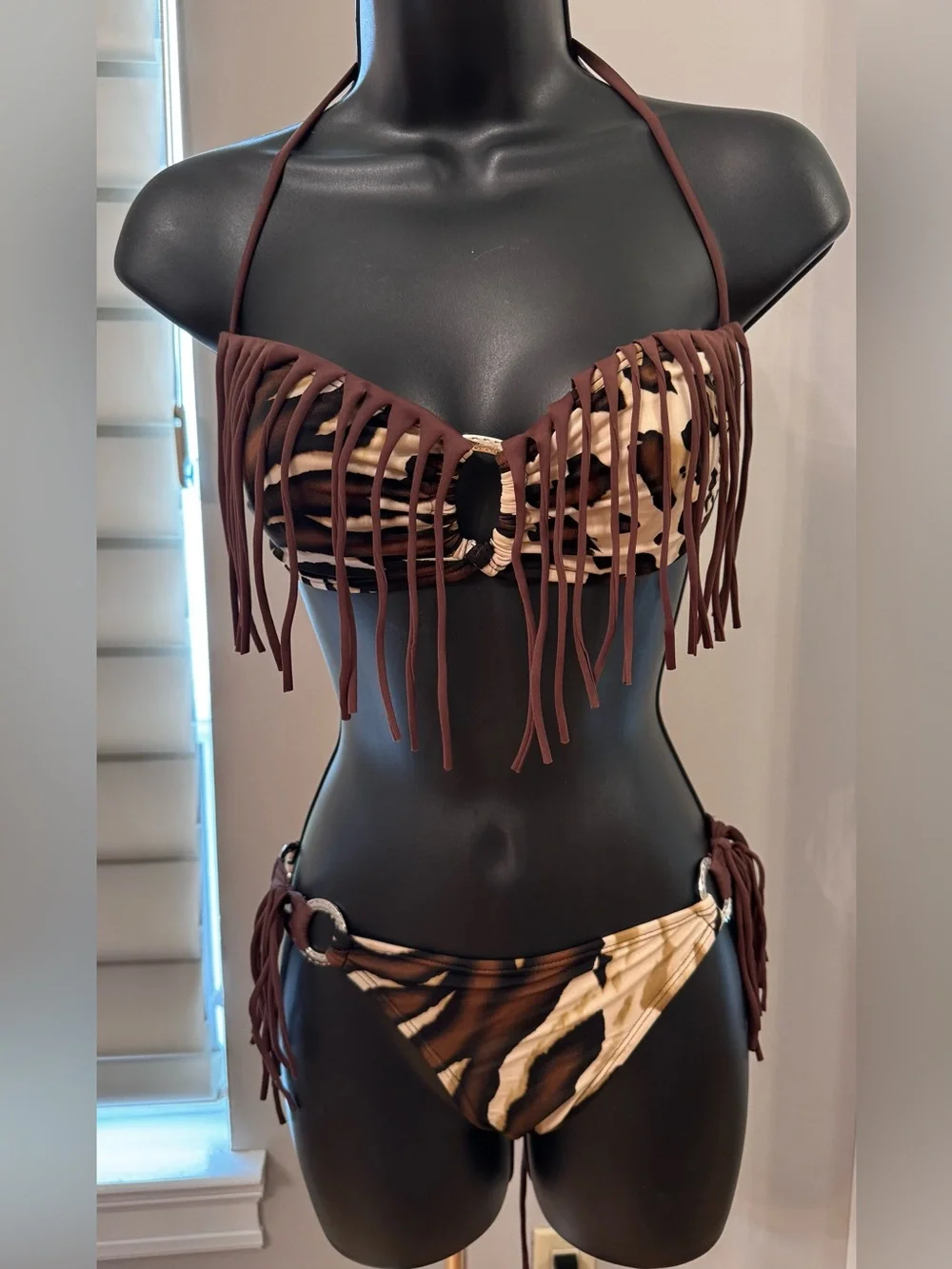 Carla’s Closet C-Girl Brown Fringe Leopard -Print Bikini